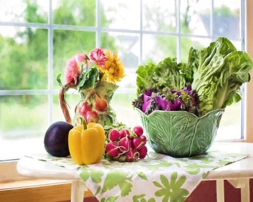 fresh colorful vegetables and fruits on a mexican kitchen table